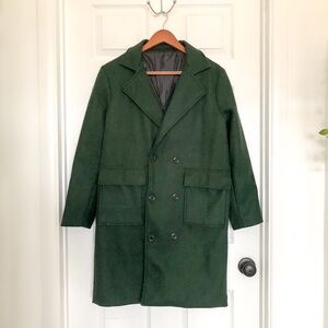 Green double breasted coat, mid shin length